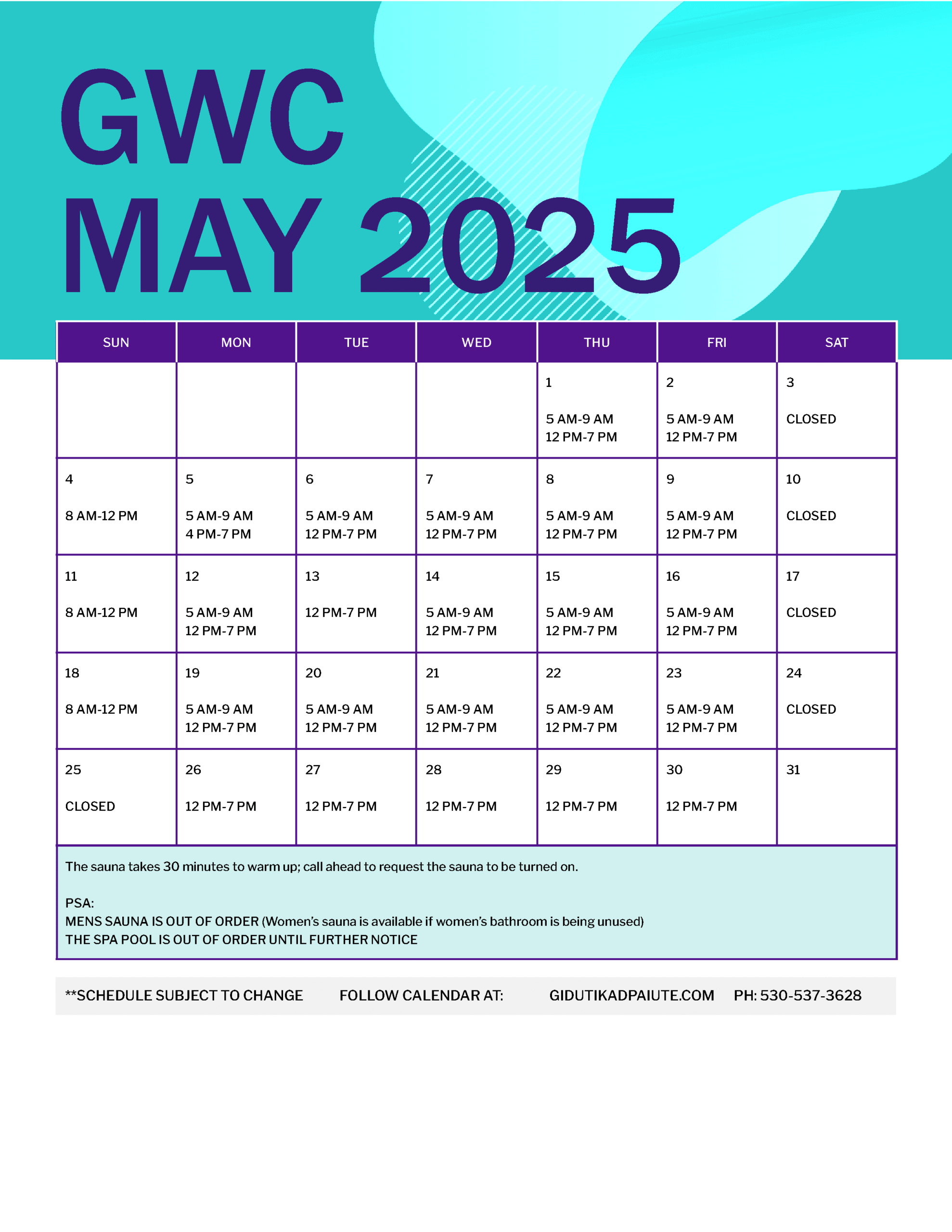 Gidutikad Wellness Center Calendar for May 2025