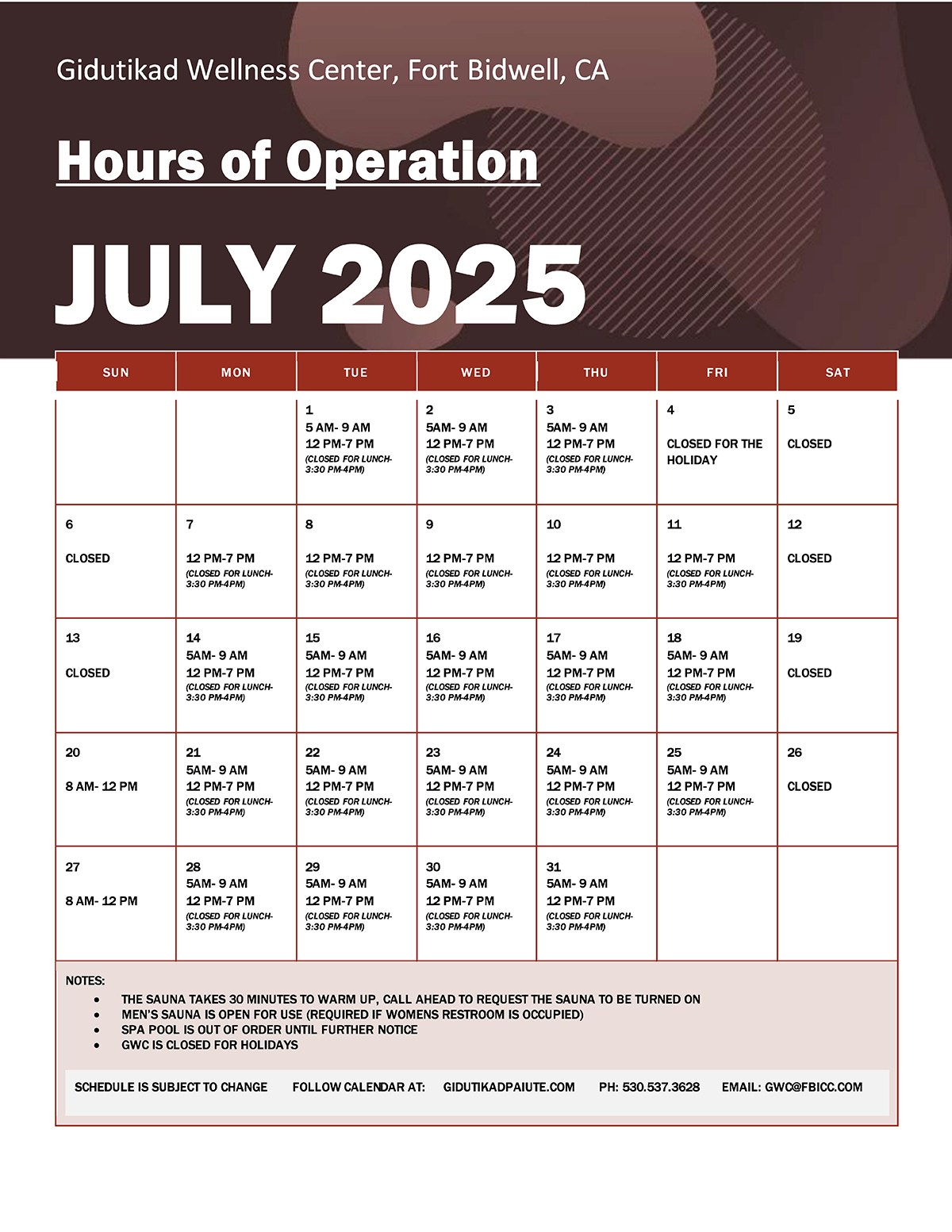Gidutikad Wellness Center Calendar for July 2025