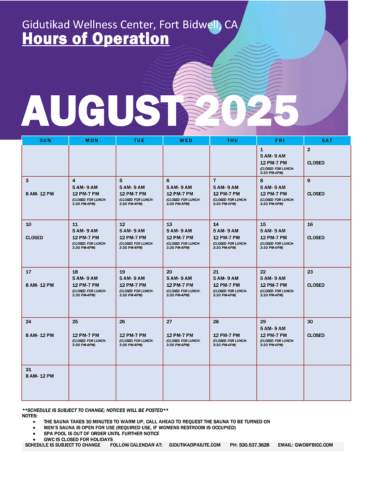 Gidutikad Wellness Center Calendar for August 2025