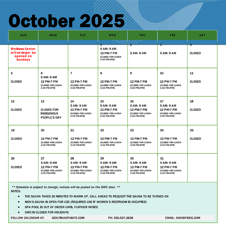Gidutikad Wellness Center Calendar for October 2025
