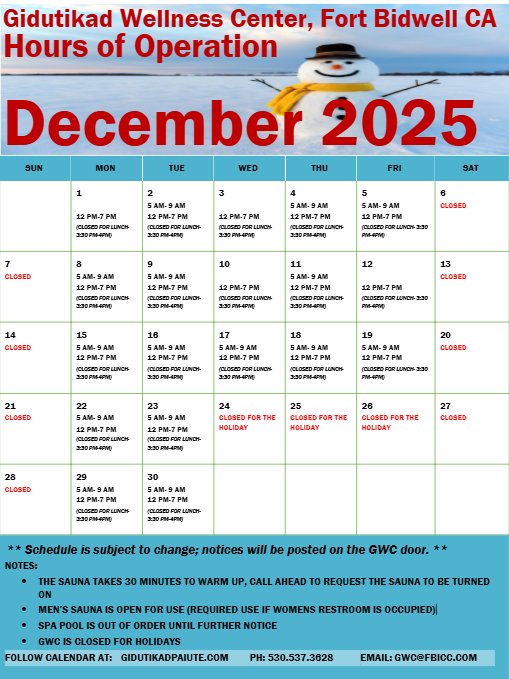 Gidutikad Wellness Center Calendar for December 2025