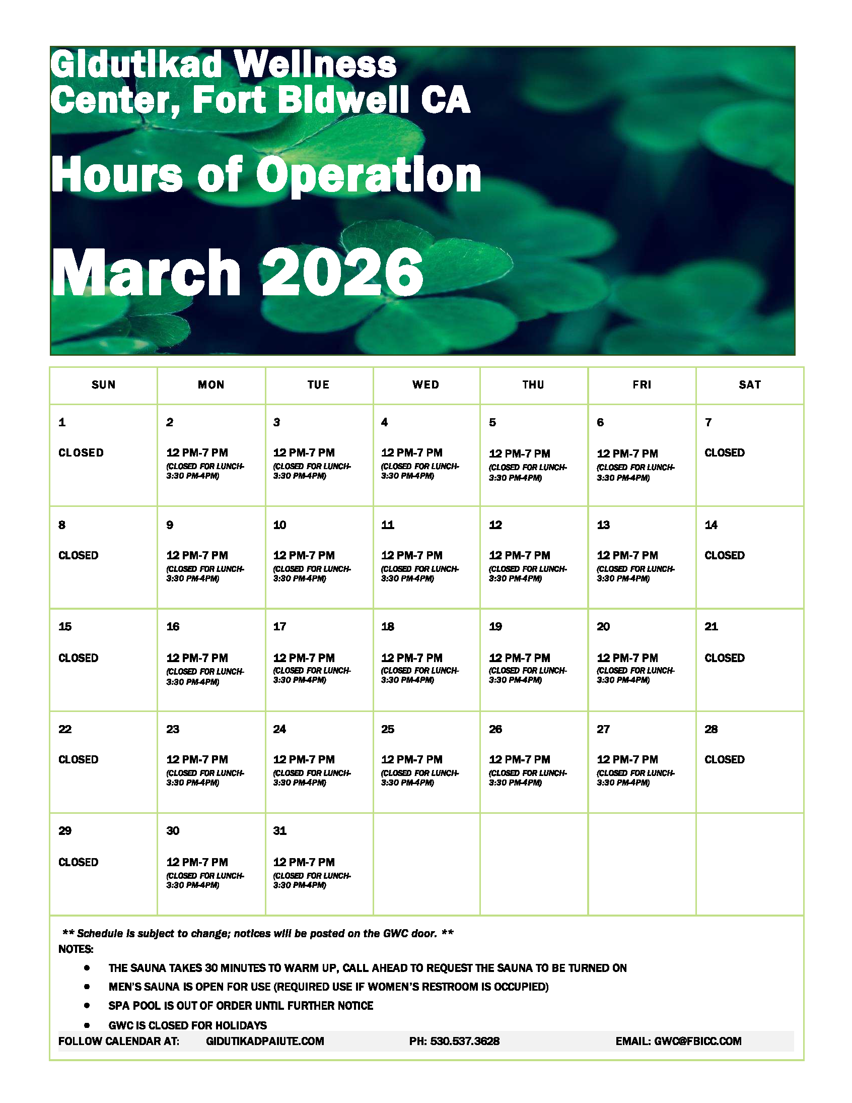 Gidutikad Wellness Center Calendar for March 2026