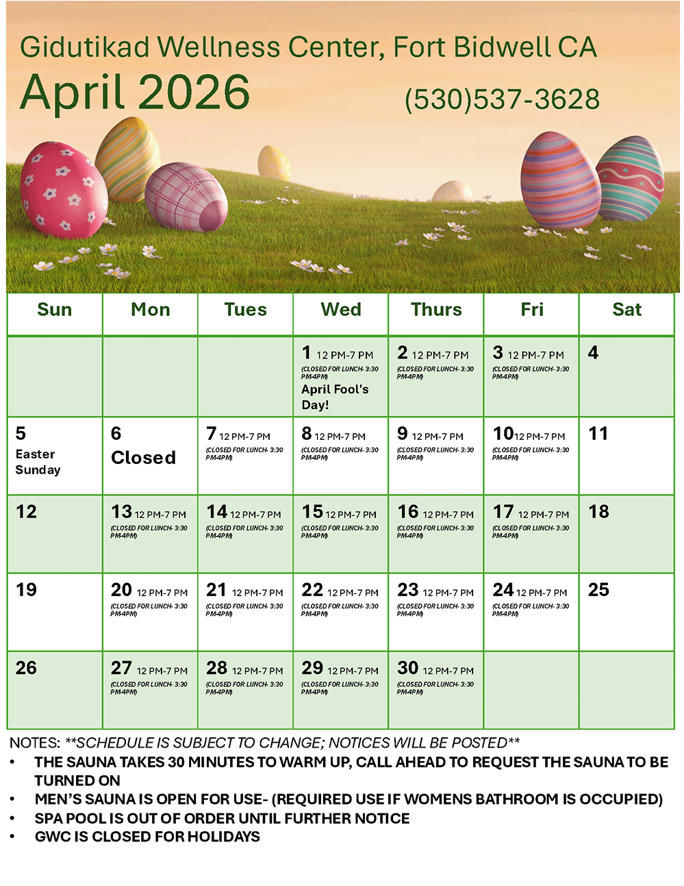 Gidutikad Wellness Center Calendar for April 2026