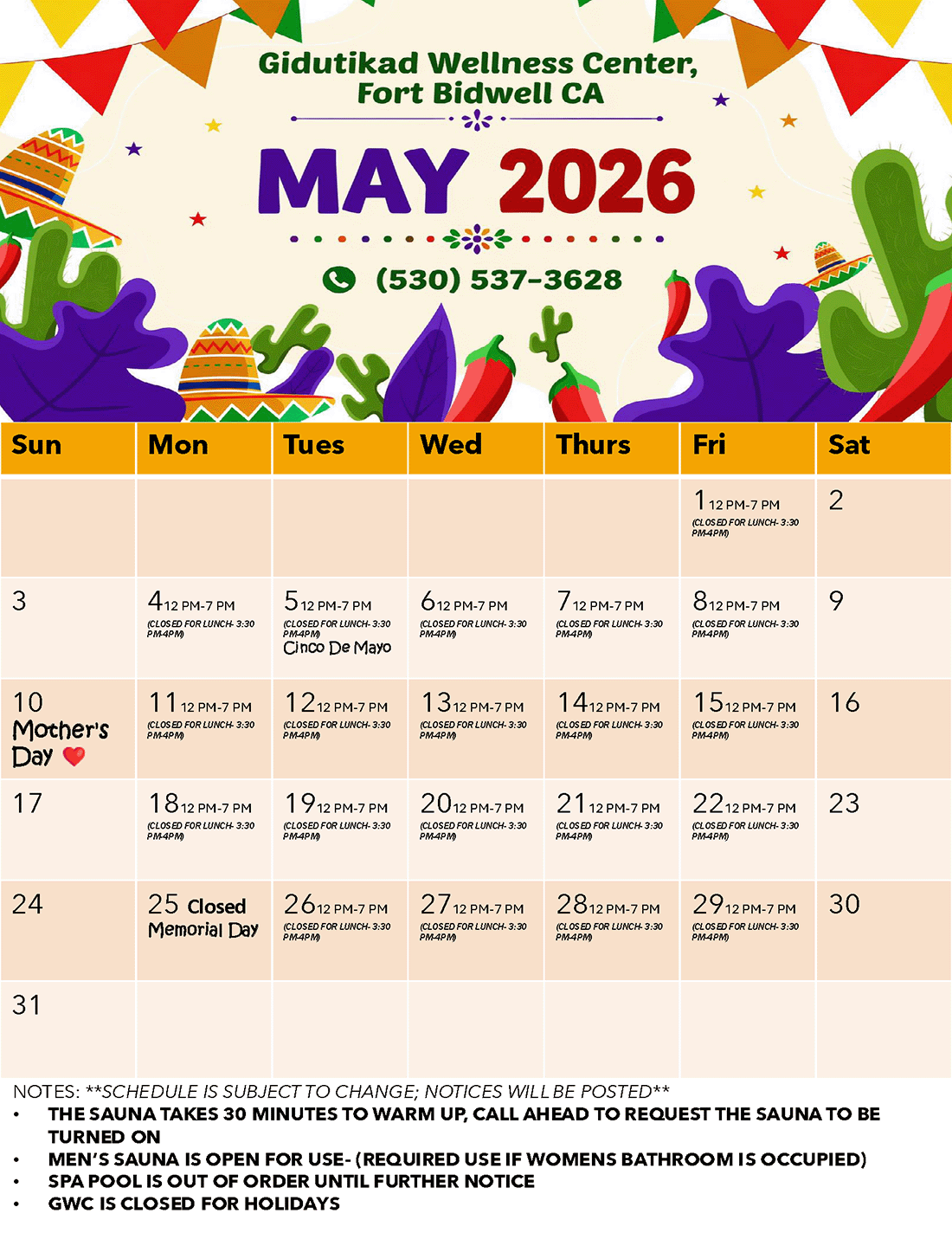 Gidutikad Wellness Center Calendar for May 2026