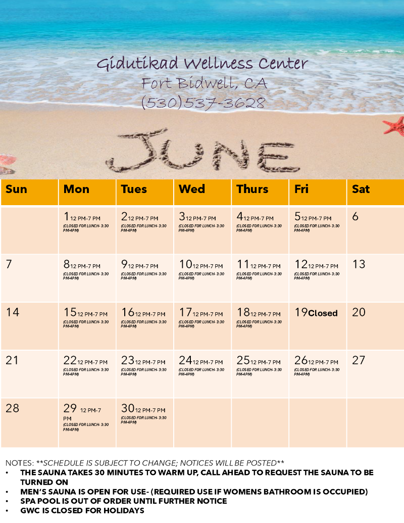 Gidutikad Wellness Center Calendar for June 2026
